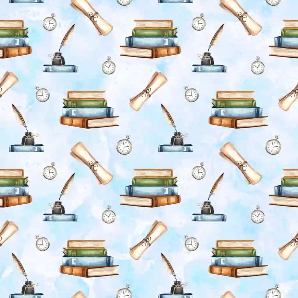 Kitob to'plami inkwell tuklar vintage cho'ntak soati choksiz naqsh qo'lda chizilgan aylantiring | Book stack inkwell feather vintage pocket watch scroll seamless pattern hand drawn