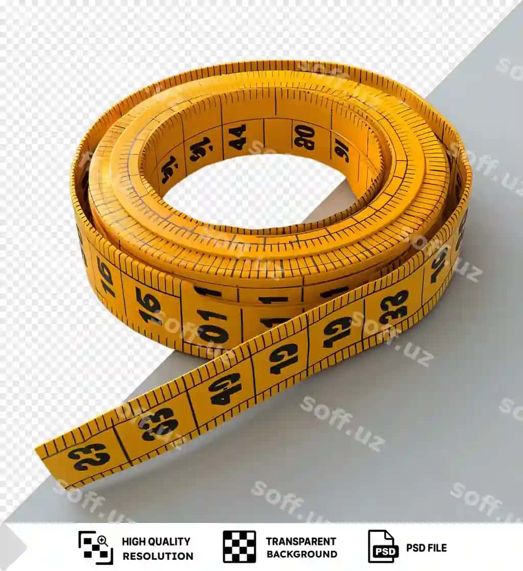 Sariq tasma o'lchovchisi raqamlar ko'rinadigan holda aylanib, ajralangan fonida | Yellow tape measure rolled up with numbers visible against isolated