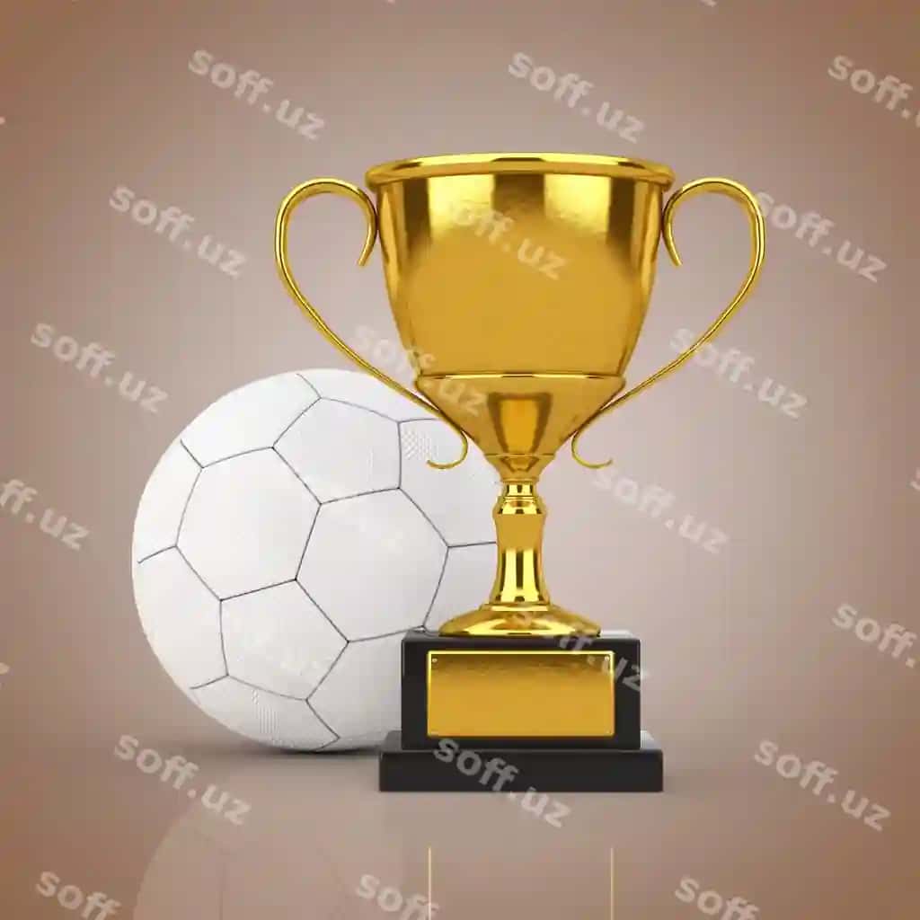 Futbol sovg'a tushunchasi oltin sovg'a tropyasi oq choy futbol to'p bilan jigarrang fon 3d render | Football soccer award concept golden award trophy with white leather football soccer ball brown background 3d rendering 2