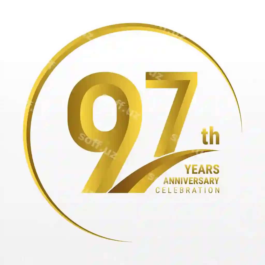 97 yillik yubiley logotipi dizaynida oltin rangli uzukli logotip vektori bilan | 97th anniversary logo design with golden color ring logo vector