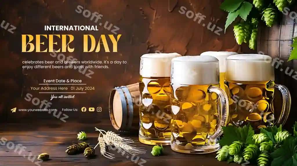 Xalqaro pivo kun plakati barrel pivo sovg'alari orqa fonda | International beer day poster with barrel beer glasses background 2