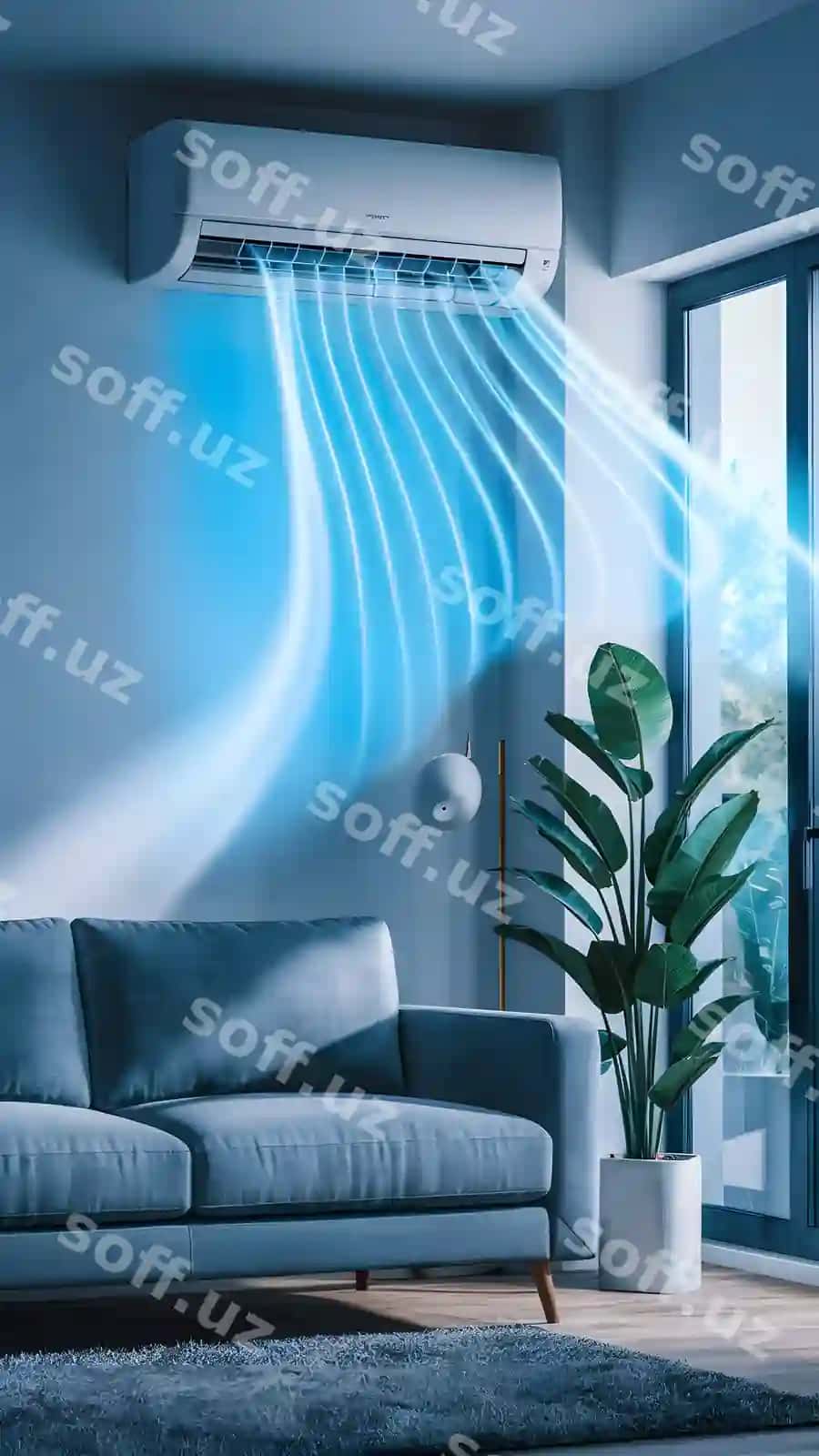 Zamonaviy konditsioner bloki, tabiiy yorqin kulrang divan, guldosti o'simlik, tinch atmosfera. | Modern air conditioning unit natural light gray sofa potted plant serene ambiance