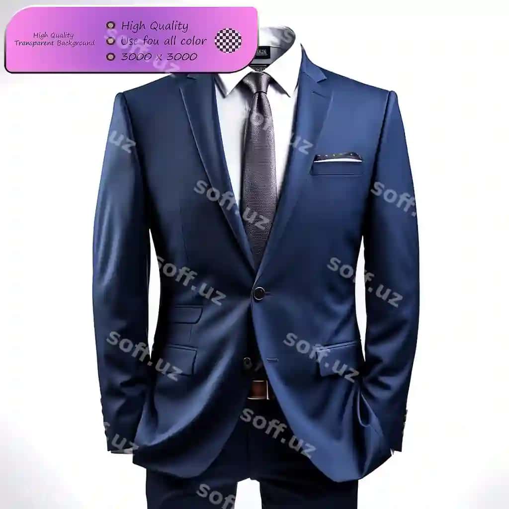 Slimfit ko'ylak ko'k rangli transparent fonda zamonaviy ochiq ko'rinish | Slimfit navy blue suit tailored sleek modern look transparent background