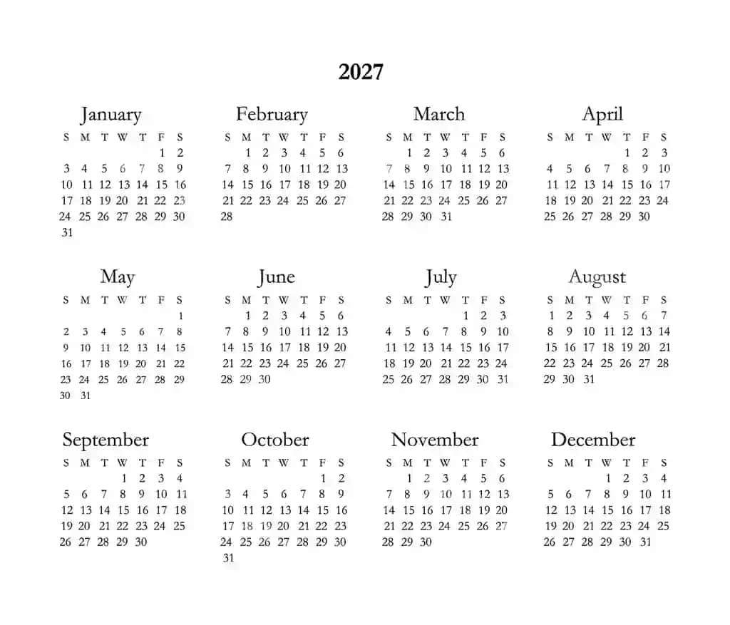 Oddiy takvim 2027 | Simple calendar 2027