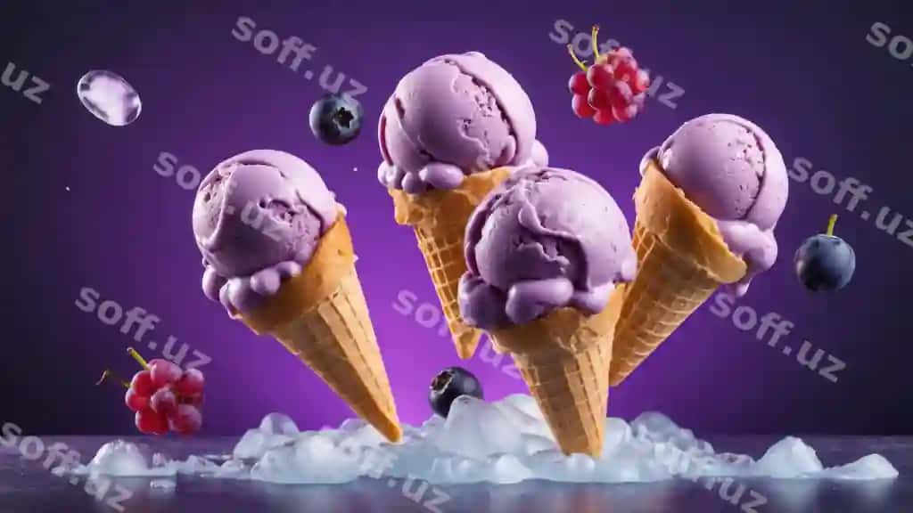 Uchta qutilar yalpizli muzqaymoq suziladigan berrylar muzqiy yuz | Three cones blueberry ice cream with floating berries frosty surface