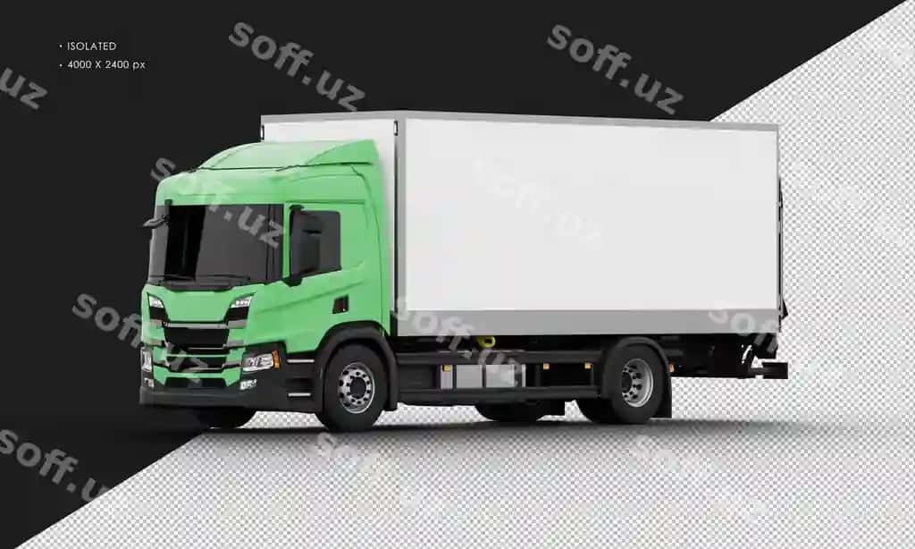 Ajraltirilgan realistik shirin yashil katta qutli yuk avtomobili chap oldan | Isolated realistic shiny green big box transit truck from left front