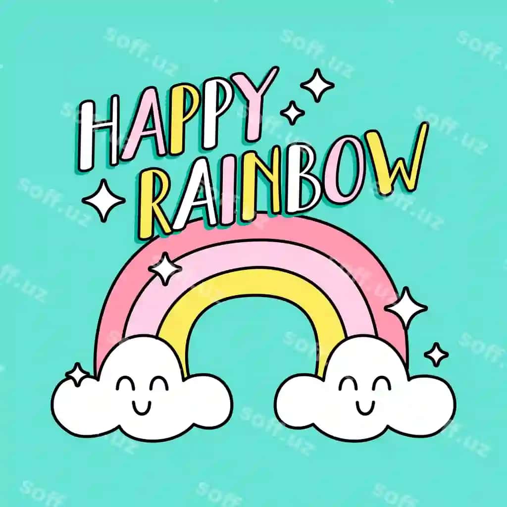 Bulutlar bilan baxtli kamalak matni | Happy rainbow text with clouds