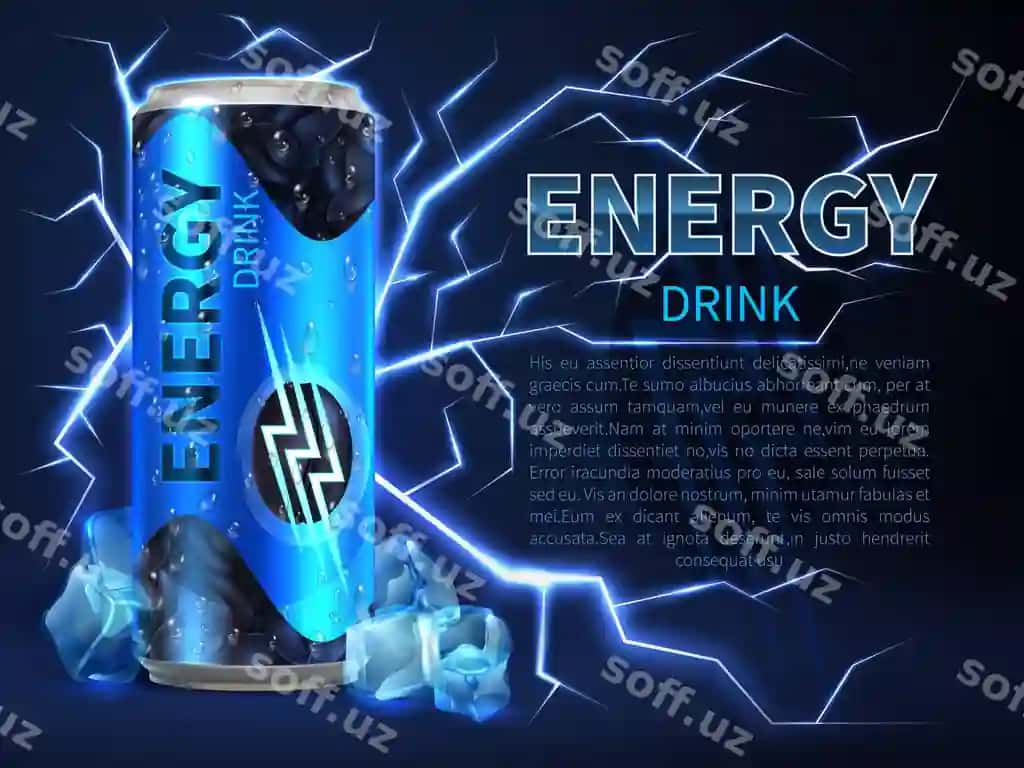 Energiya ichimligi bankasi elektr zaryadlari bilan chegaradosh, qora ko'k iskralar. | Energy drink can surrounded electrical discharges sparks dark blue 2