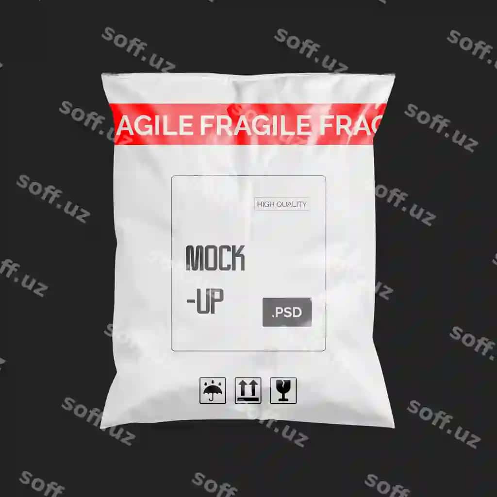 Namuna oq plastik po'cha sirg'ali ogohlantirish belgisi bilan | Mockup white plastic bag with fragile warning label 2