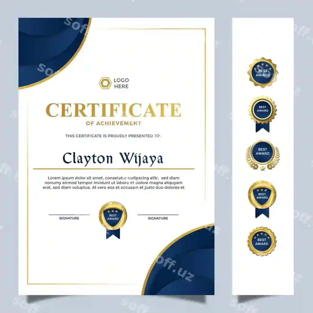 Zamonaviy oddiy A4 sertifikat dizayn shablon ko'k oltin hasharot | Modern simple a4 certificate design template blue golden luxury 2