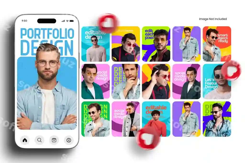 Portfolio namoyish dizayni uchun ijtimoiy tarmoqlar shabloni foto ramkali | Portfolio showcase design social media template with photo frame
