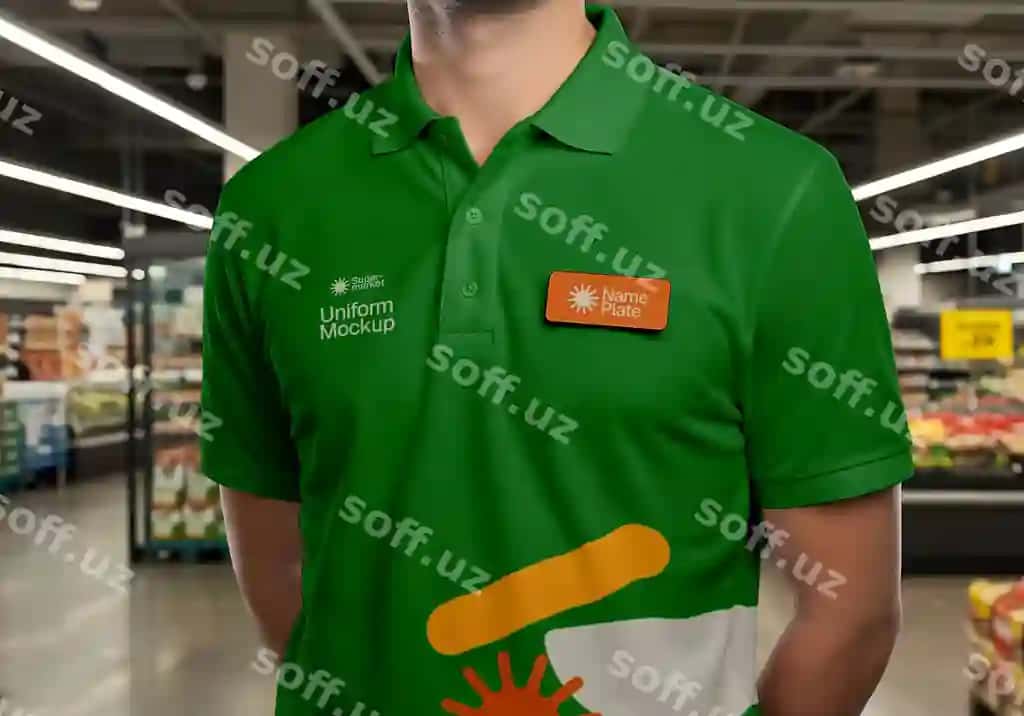Yashil polo rubagi kostyum namuna dizayni supermarket muhiti xodim | Green polo shirt uniform mockup design supermarket setting employee