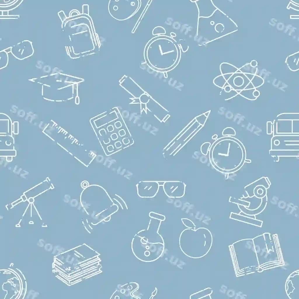 Vektor uzilmas grunge naqshi oq chetlar bilan ko'k rangdagi maktab ikonkalari | Vector seamless grunge pattern with white outline school icons blue 2