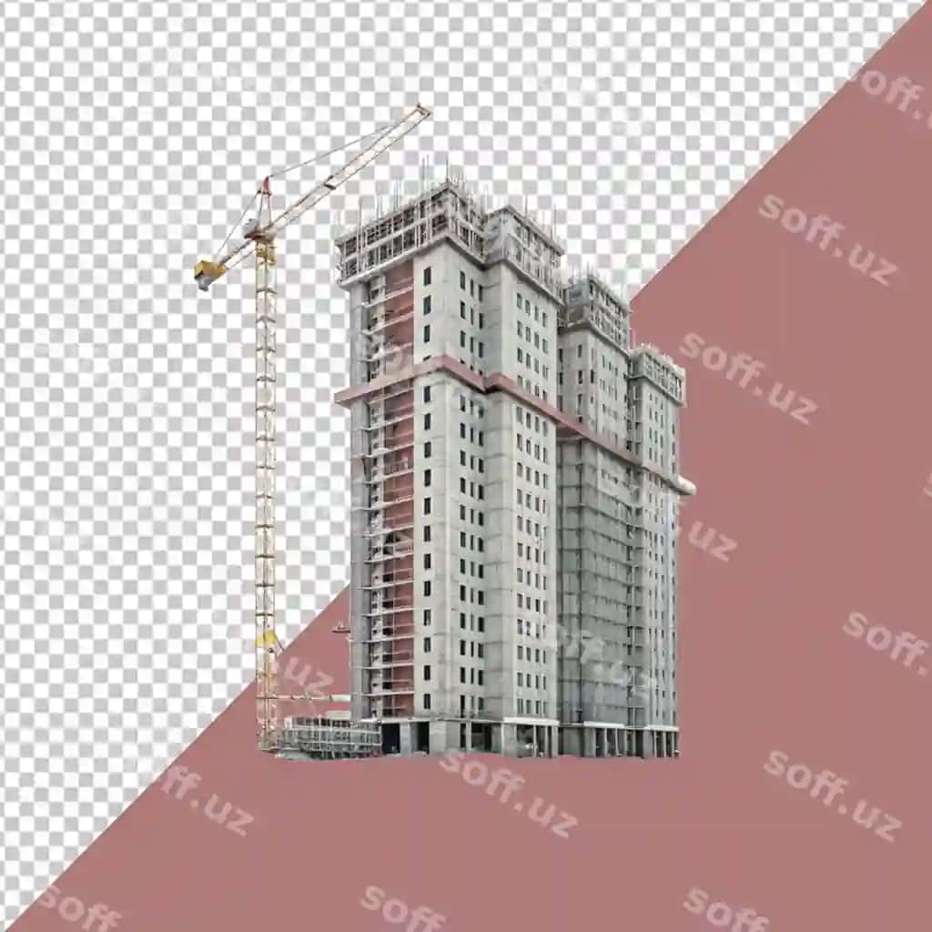 Zamonaviy ko'p qavatli qurilish maydoni qurilish mashinalari bilan shaffof fon | Modern multistory construction site with cranes transparent background