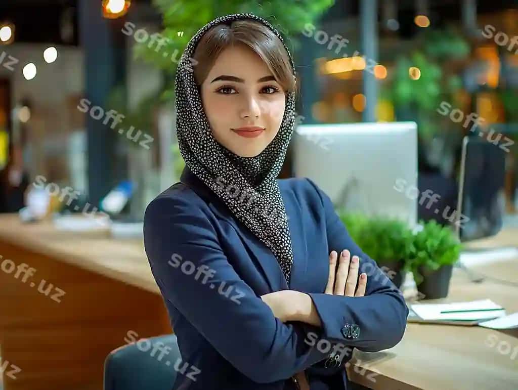 Ayol rujxasi stol oldida gul bilan turibdi. | Woman scarf stands front table with plant it
