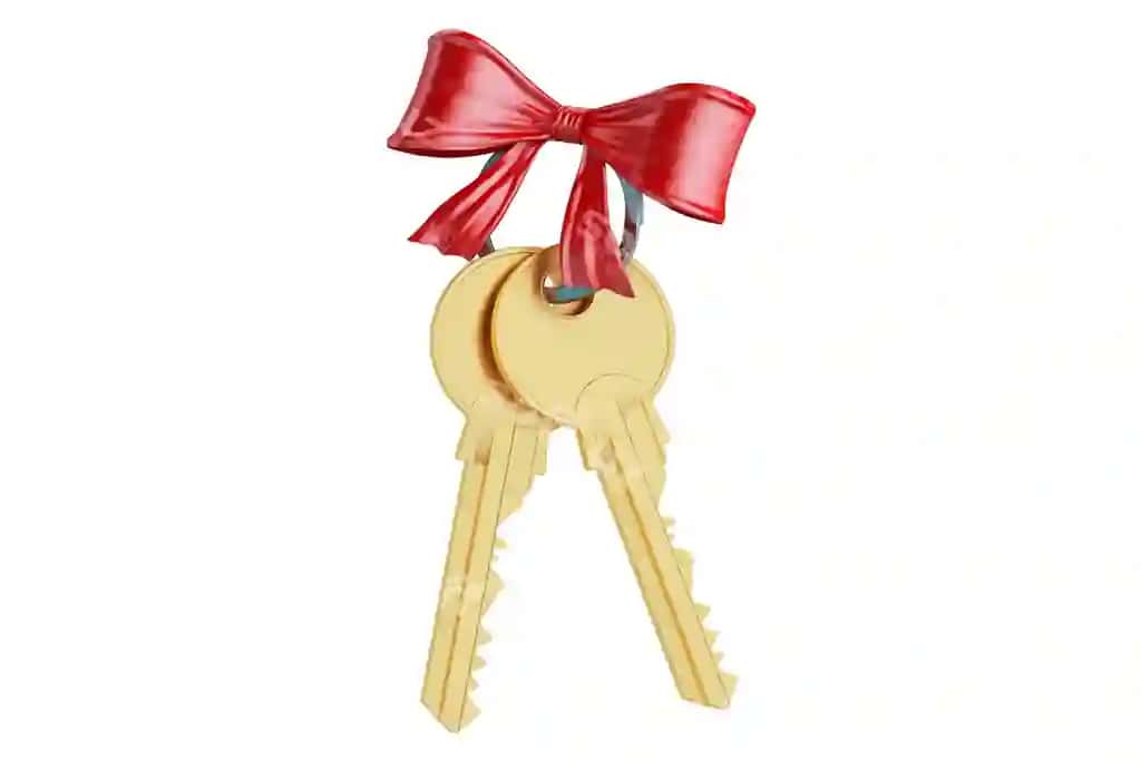 Oltin kalitlar qizil rim bilan 3D rendering | Golden keys with red bow 3d rendering 2