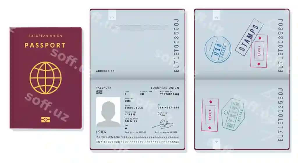 Pasport shabloni, rasmiy identifikatsiya hujjati, viza namuna sahifalar kartochkalar | Passport template official id document visa sapling pages cards