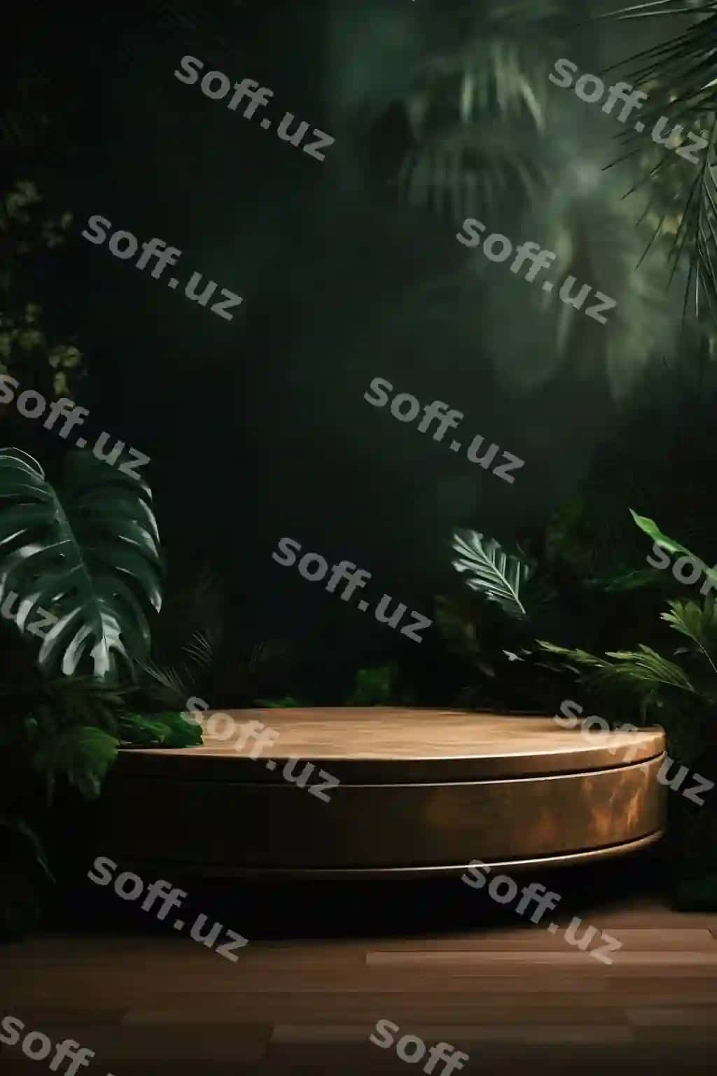 Kasblashtirilgan fotosuratlashtirish bo'sh joy model platformasi o'rmon mavzusidagi tabiiy fonda | Professional photography empty space mockup podium with junglethemed nature background