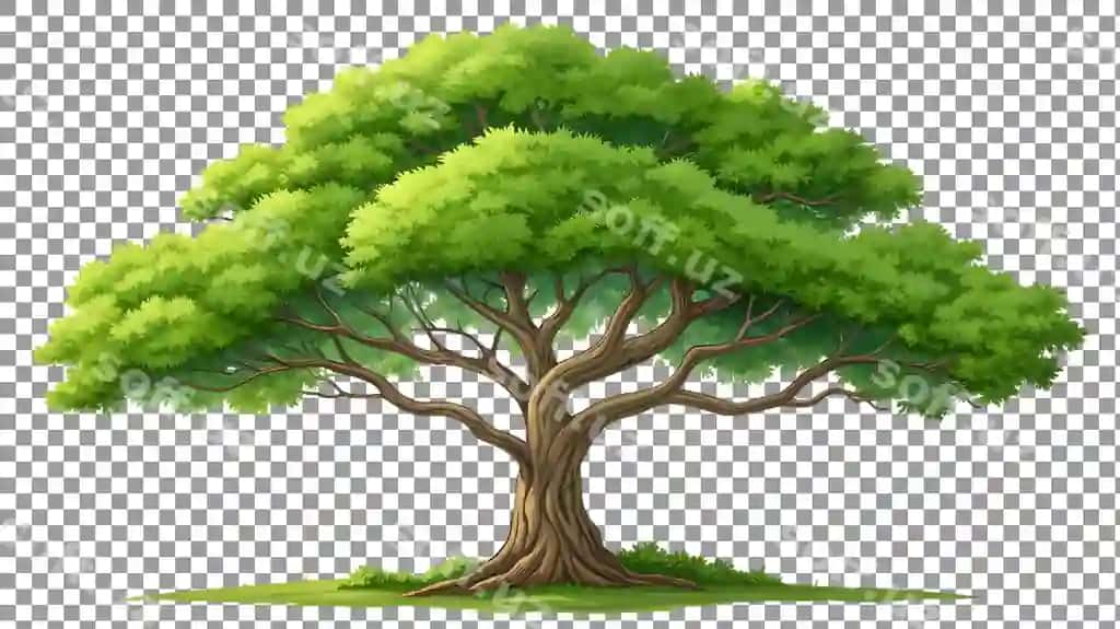 Hayotli multfilm daraxti keng yashil yaproq bilan shaffof ajralgan | Vibrant cartoon tree with lush green foliage isolated transparent