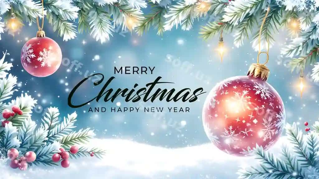 Rojdestvo Bayrami bilan facebook varaqi asib turgan bagirshoqchilar va qor bobolari | Merry christmas facebook cover with hanging christmas ball snowflakes