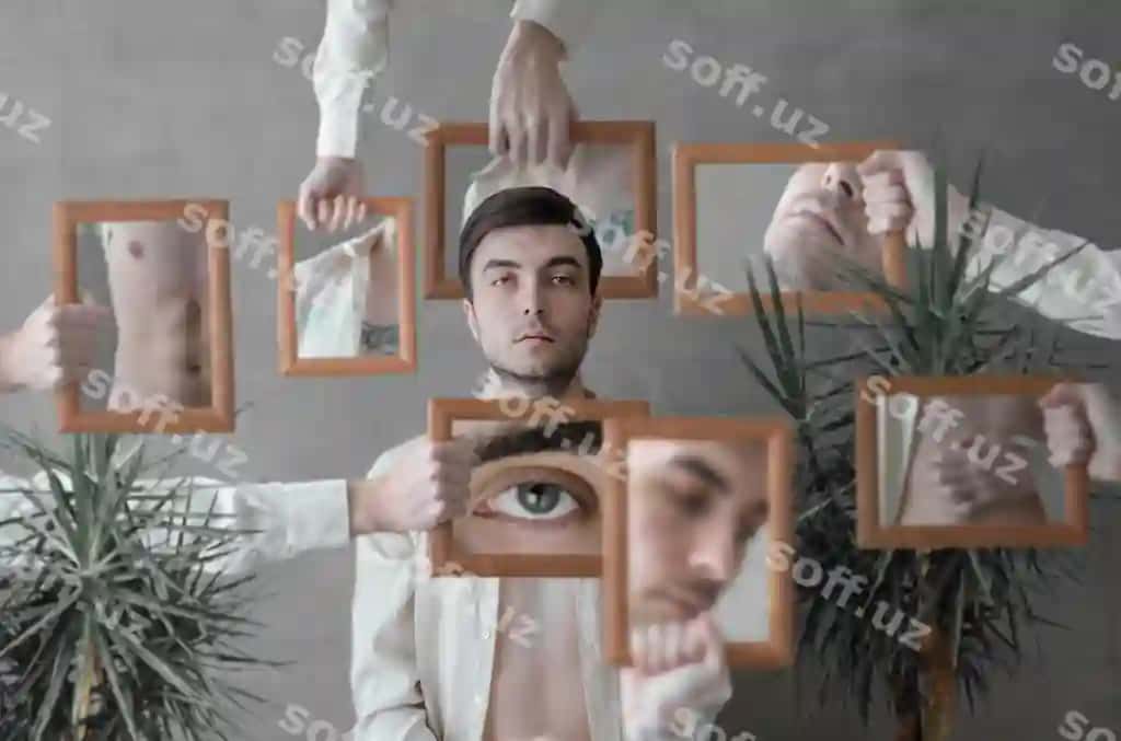 Raqamli komposit rasmda devor qarshi turgan erkak atrofida qo'llar rasm freymalari tutadigan. | Digital composite image hands holding picture frames around man standing against wall