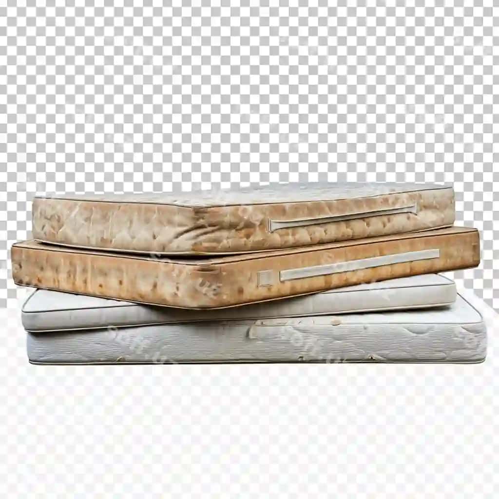 Yig'ilgan ishlatilgan matraslar shaffof orqa fonda | Stack weathered mattresses transparent background