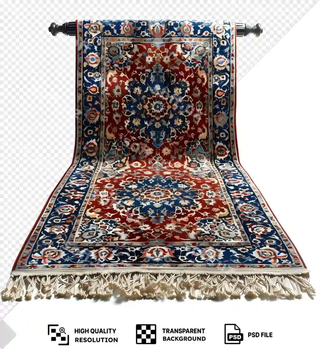 Ipakli qilim shaffof ajralgan fonda qizil oq chiziqqan ko'k oq qilimlar yonida turgan. | Silk rug transparent isolated background flanked by red white stripe blue white rugs
