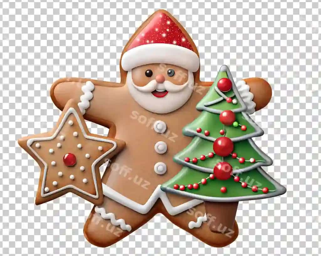 Bayramlik zefir santa shirin noni shaffof yangi yil palati bilan | Festive gingerbread santa cookie with christmas tree transparent