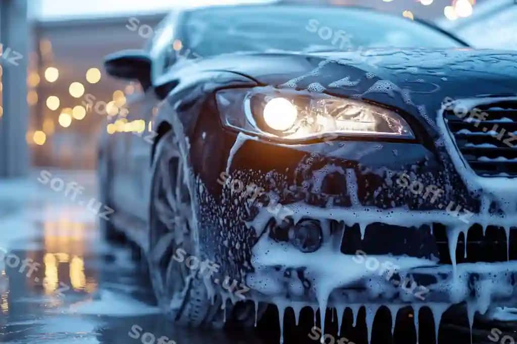 Mashina tozilashi pufakli myob bilan yuvish orqa fonda | Car cleaning washing with foam soap background