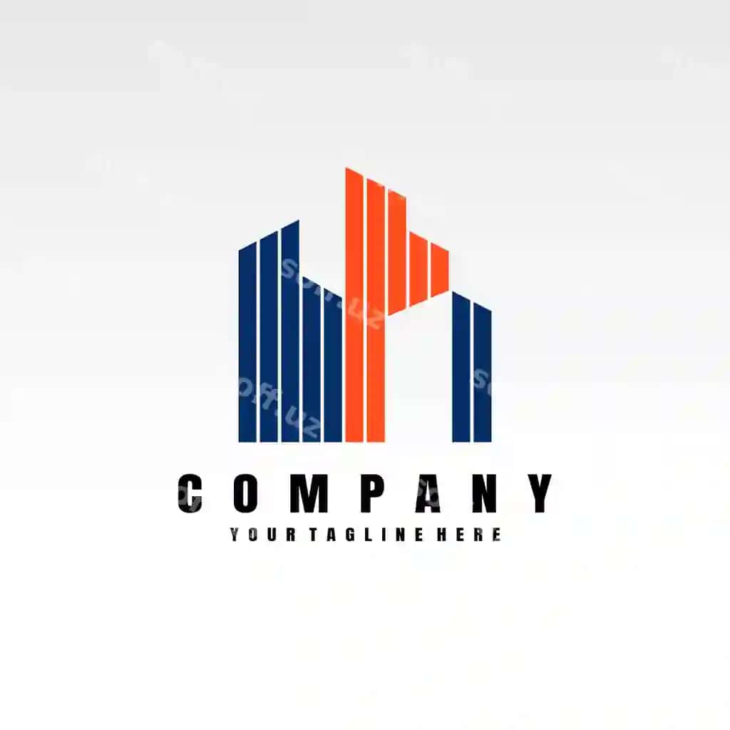 Ko'k apelsin shriftli binoning vektor logotipi | Blue orange silhouette building vector logo