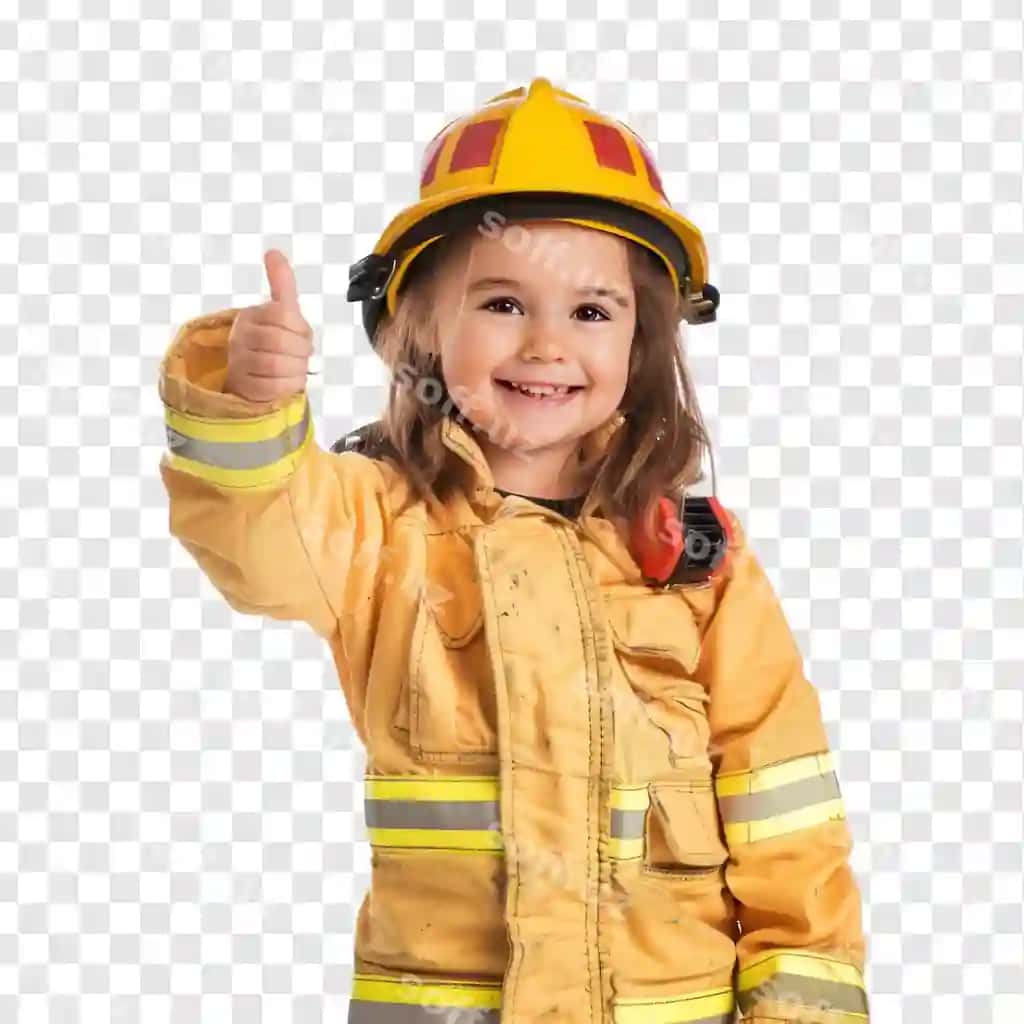 Gulchi kichik qiz yong'oqchi kostyumi kiygan tirmonda qo'l bilan | Smiling little girl wearing firefighter uniform standing with hand 2