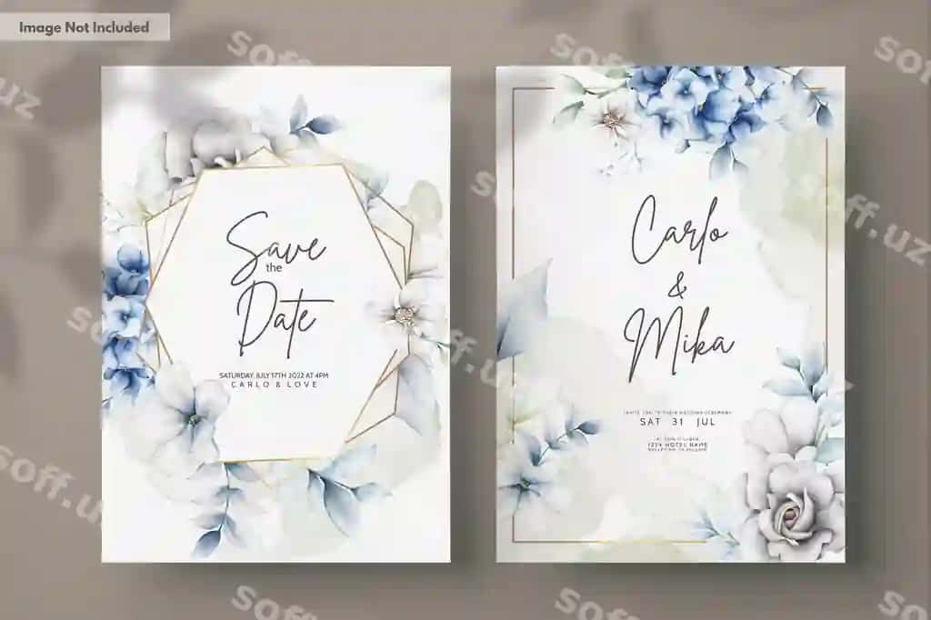 Chiroyli turmе taklif kartasi chiroyli kulrang ko'k gulli | Elegant wedding invitation card with beautiful grey blue floral