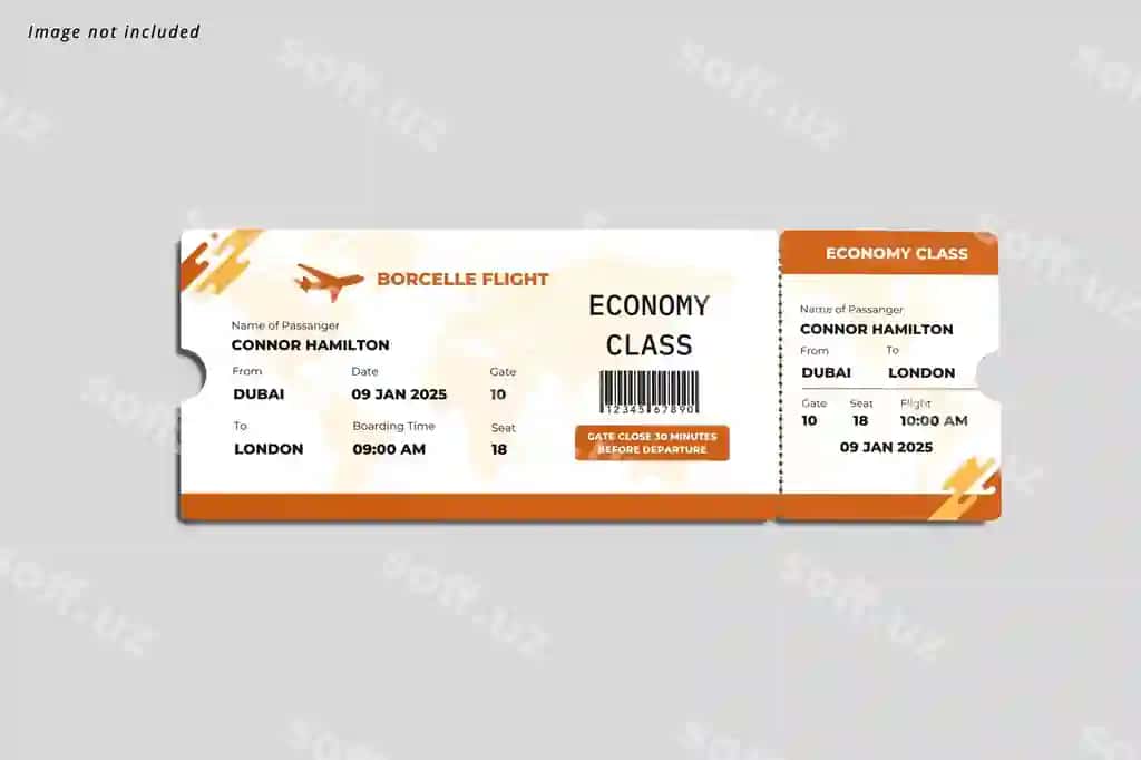 Parvoz chiptasi namunasi | Flight ticket mockup