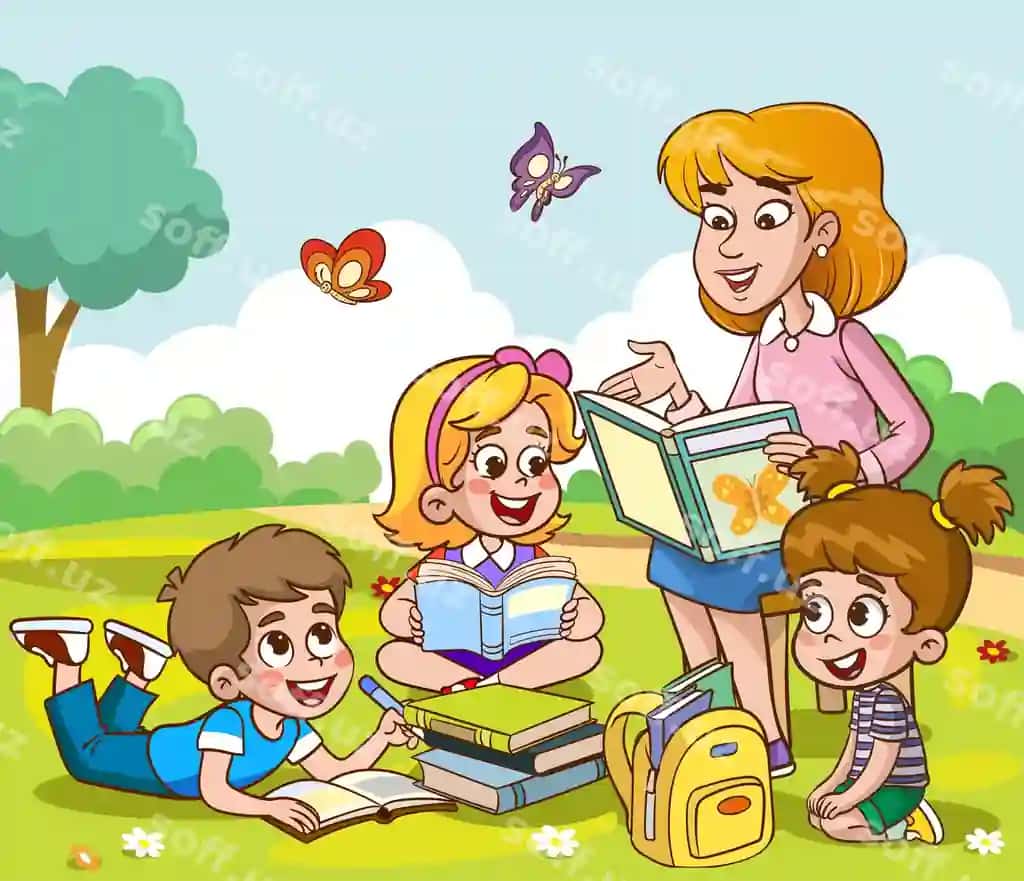O'qituvchi bolalarga kitob o'qiyotgan parkdagi vektor illustratsiyasi | Teacher reading books childrenchildren teacher park vector illustration