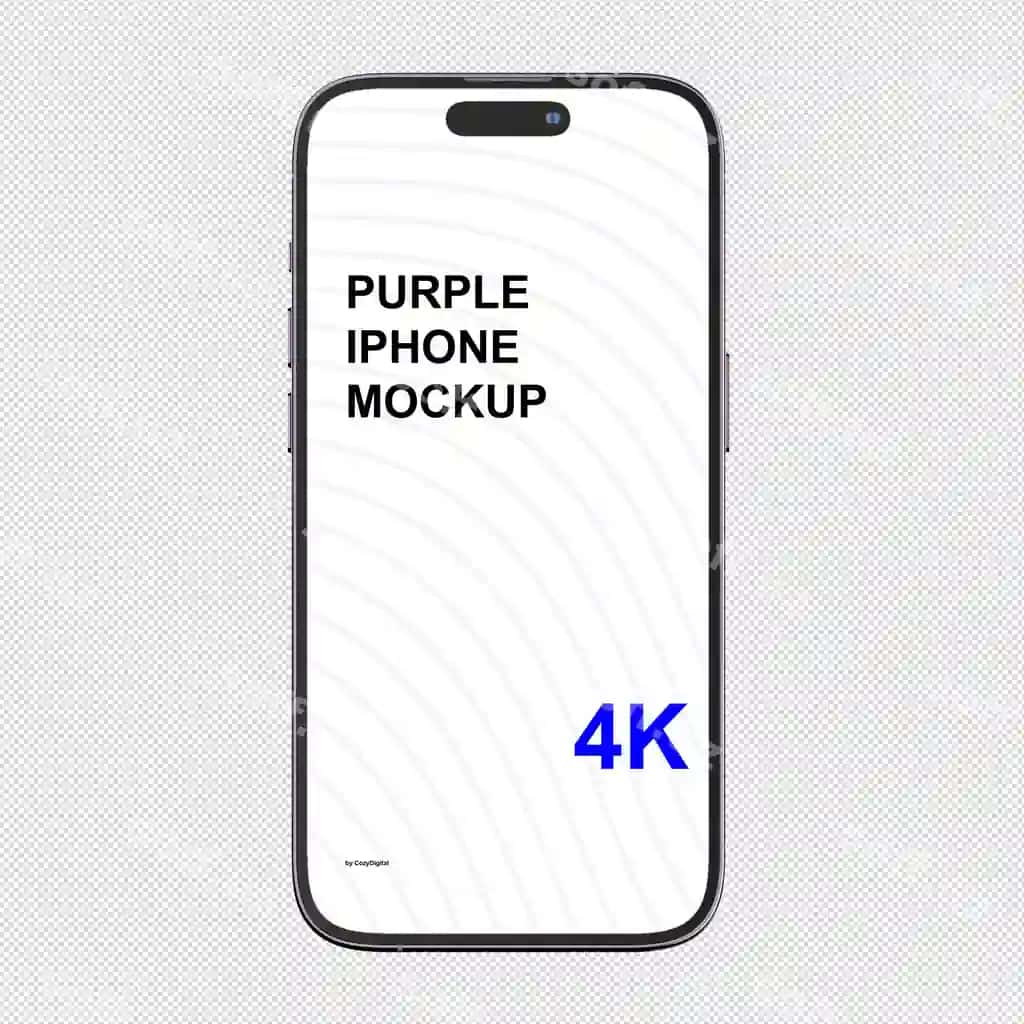 Binafsha Iphone namunasi orqa fonsiz old tomondan ko'rinish | Purple iphone mockup without background front view 2