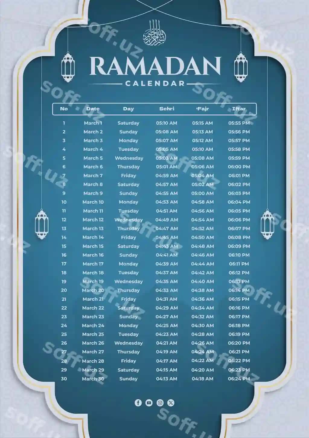 Nazik klassik Ramazon jadvali plakati lanternalar bilan | Elegant classic ramadan schedule timetable poster with lanterns 2