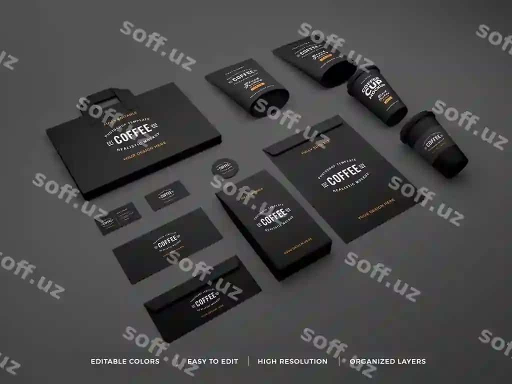 Realistik kofe brend identifikatsiyasi qog'oz ishlar namunasi | Realistic coffee brand identity stationery mockup