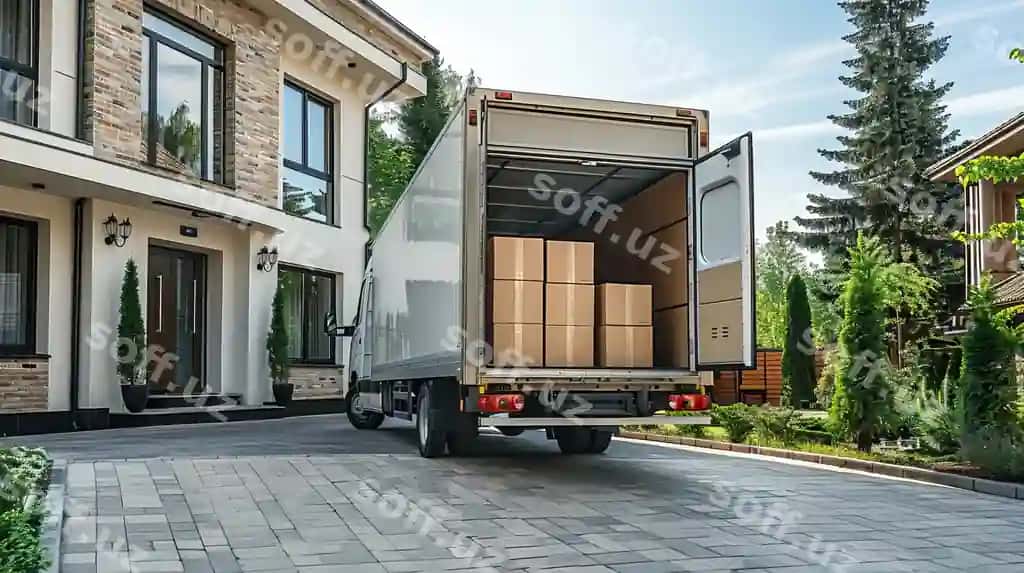 Ochiq eshiklar bilan ko'chish yuk avtomobili, qadoqlangan kartonalar, zamonaviy uy oldi | Moving truck with open doors packed boxes front modern house