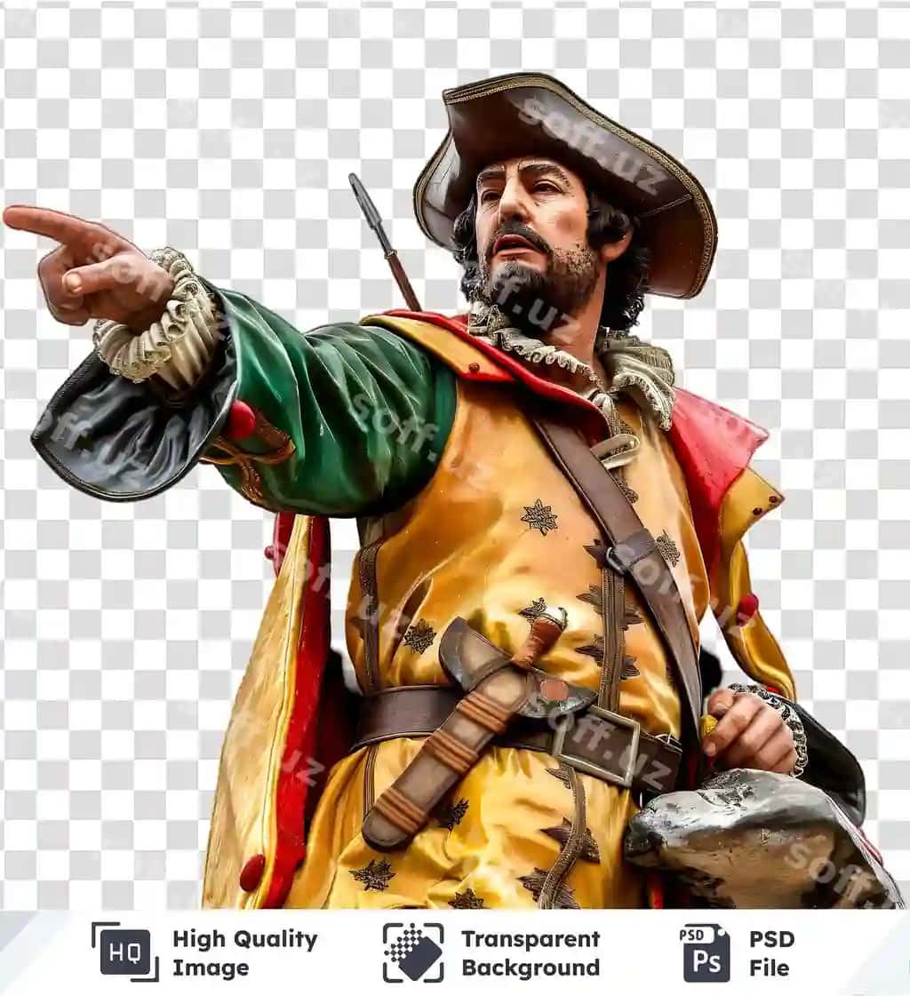 Conquistador statuyasi g'arbga yo'naltgan shaffof rasm namoyish etuvchi | Conquistador statue points westward transparent image showcasing