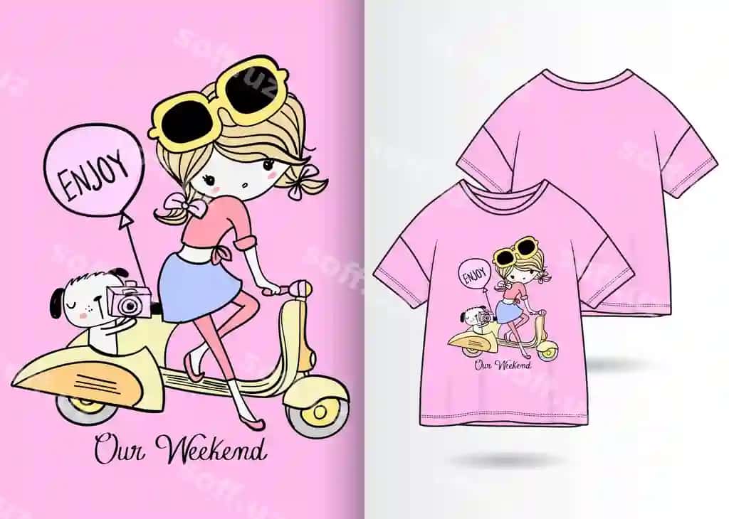 Qo'l bilan chizilgan yoqimli qiz illustratsiyasi futbolka dizayni bilan | Hand drawn cute girl illustration with t shirt design