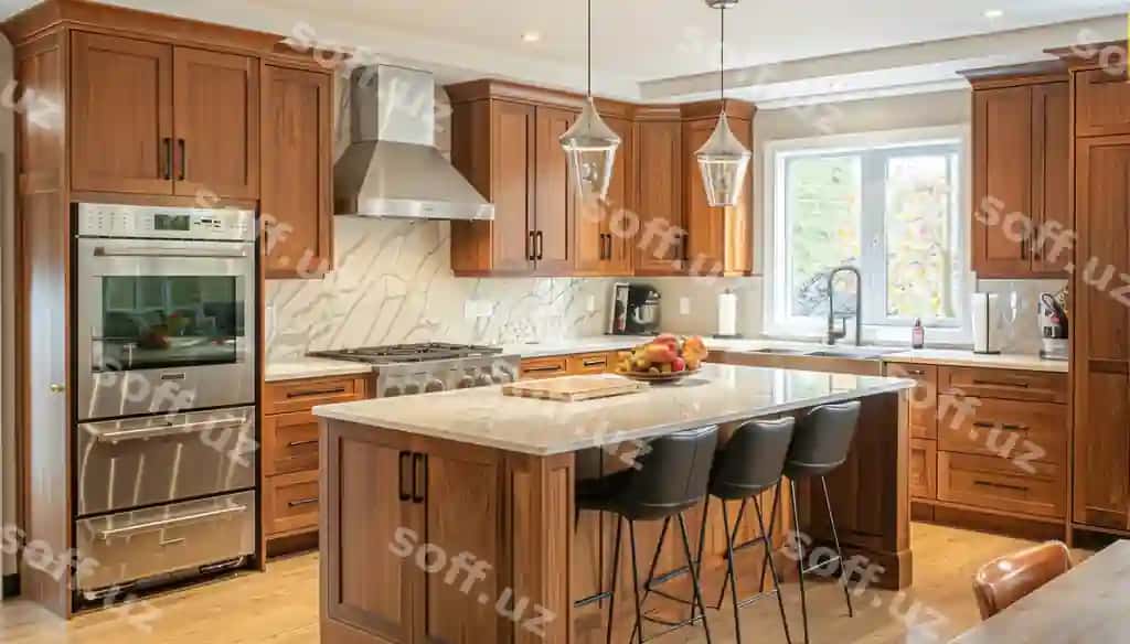Mahkampda yong‘liq mebel va stainless steel apparatlar katta orqiqli | Kitchen with wood cabinetry stainless steel appliances large island