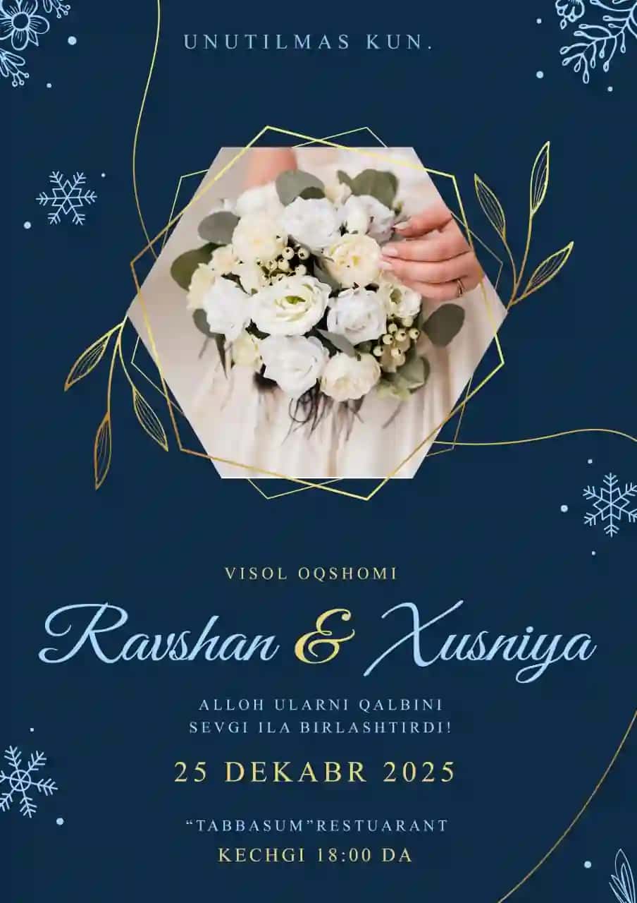 🌿 Nikoh Taklifnomasi — "Ravshan & Xusniya" PSD Shablon