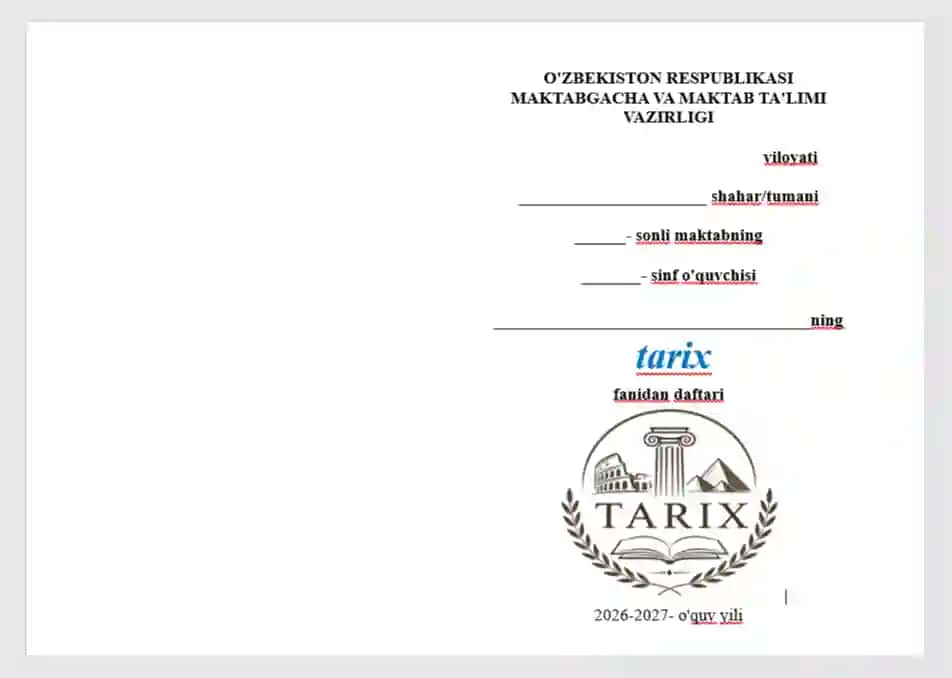 Tarix fani daftari uchun yuz