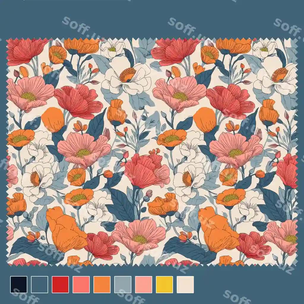 Gulli rasm, pionlar, papil'lar va botanik yaproq | Floral illustration with peonies poppies botanical foliage