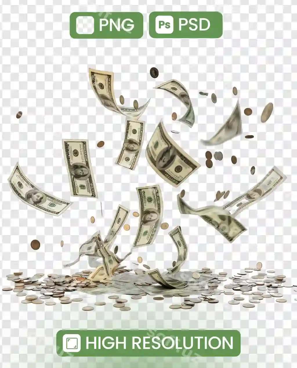 Boylik oqish pul yomghir tushmoqda ajralangan shaffof fonda | Wealth overflow money rain falling isolated transparent background