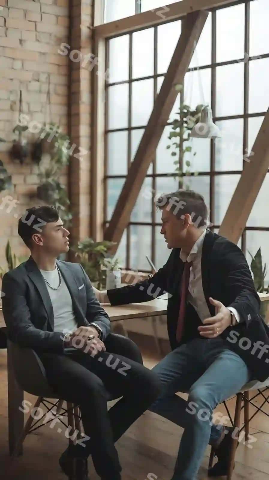 Ikkita zamonaviy xodim ish bilan bog'liq loyihalarni kompyuter ijodiy agentligi loft ofisida muhokama qilmoqda | Two stylish employees discussing work related projects computer creative agency loft offic