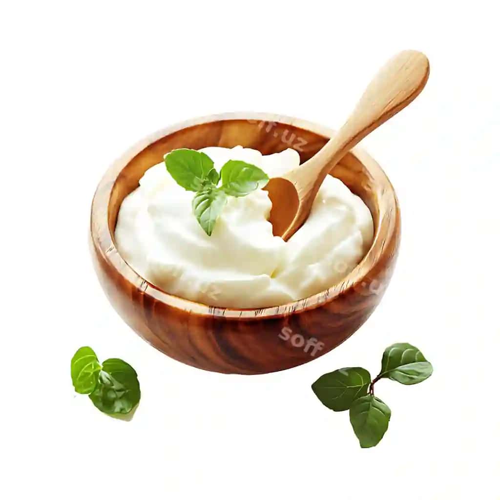 Yog'dirli yo'gurt yog'liq qovurda yog'liq qoshiq bilan shaffof fonda | Fullfat yogurt wooden bowl with wooden spoon transparent background 2