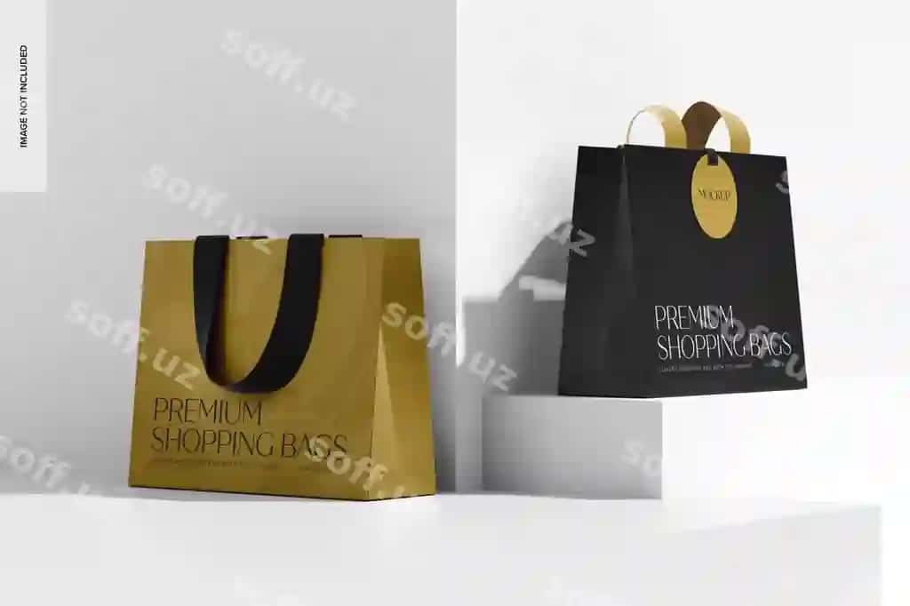 Bog'at xarid baglari belgi bilan namuna o'ng chap ko'rinish | Luxury shopping bags with tag mockup right left view 2