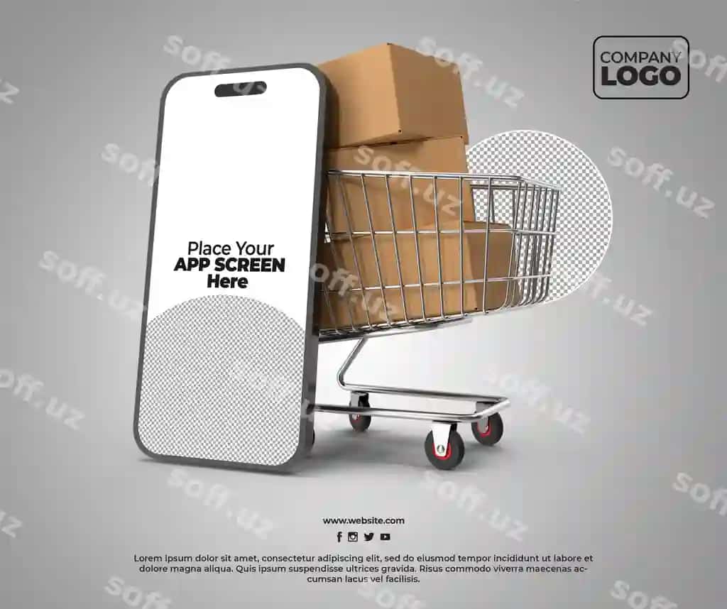 Akillı telefon ilova ekrani namunasi supermarket xarid savati katakchalari bilan | Smartphone app screen mockup with supermarket shopping cart boxes