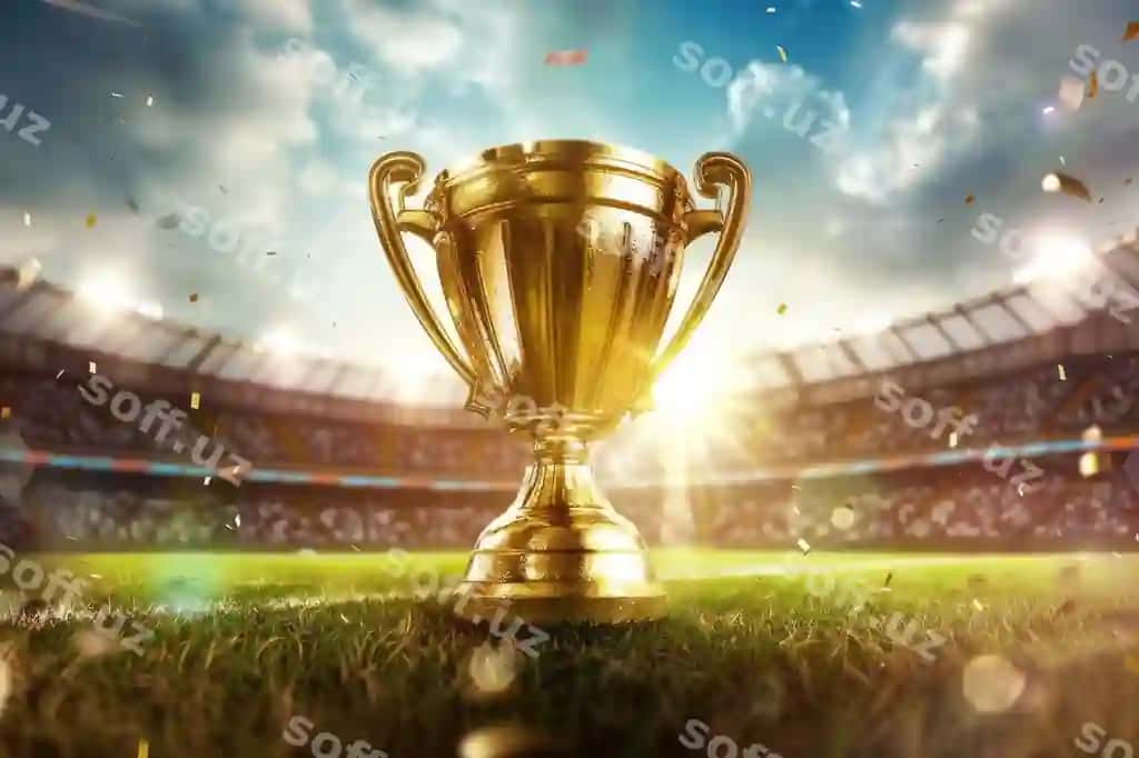 Futbol kuboki oltin g'oliblari jamoalarning stadiumdagi futbol o'yinida triumf qozondi. | Soccer cup golden winners triumph with audience stadium football match